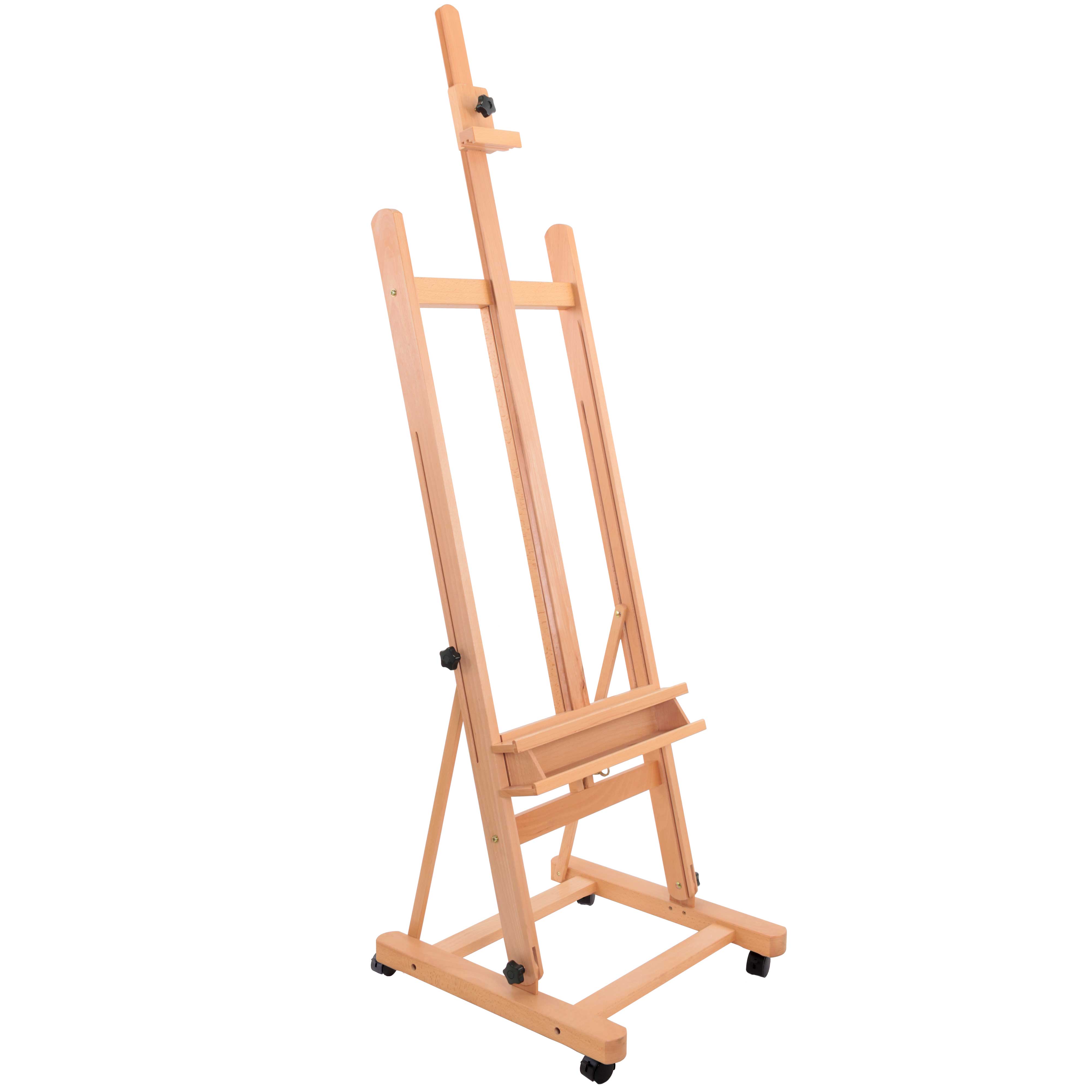 U.S. Art Supply Wooden H-Frame Studio Easel with Artist Tray, Wheels - Adjustable Mast Beechwood Stand, Holds 48" Canvas