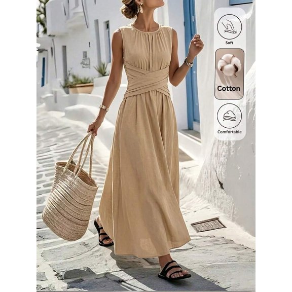 Womens Khaki Sleeveless Maxi Dress, Casual Summer Vocation Criss-Cross