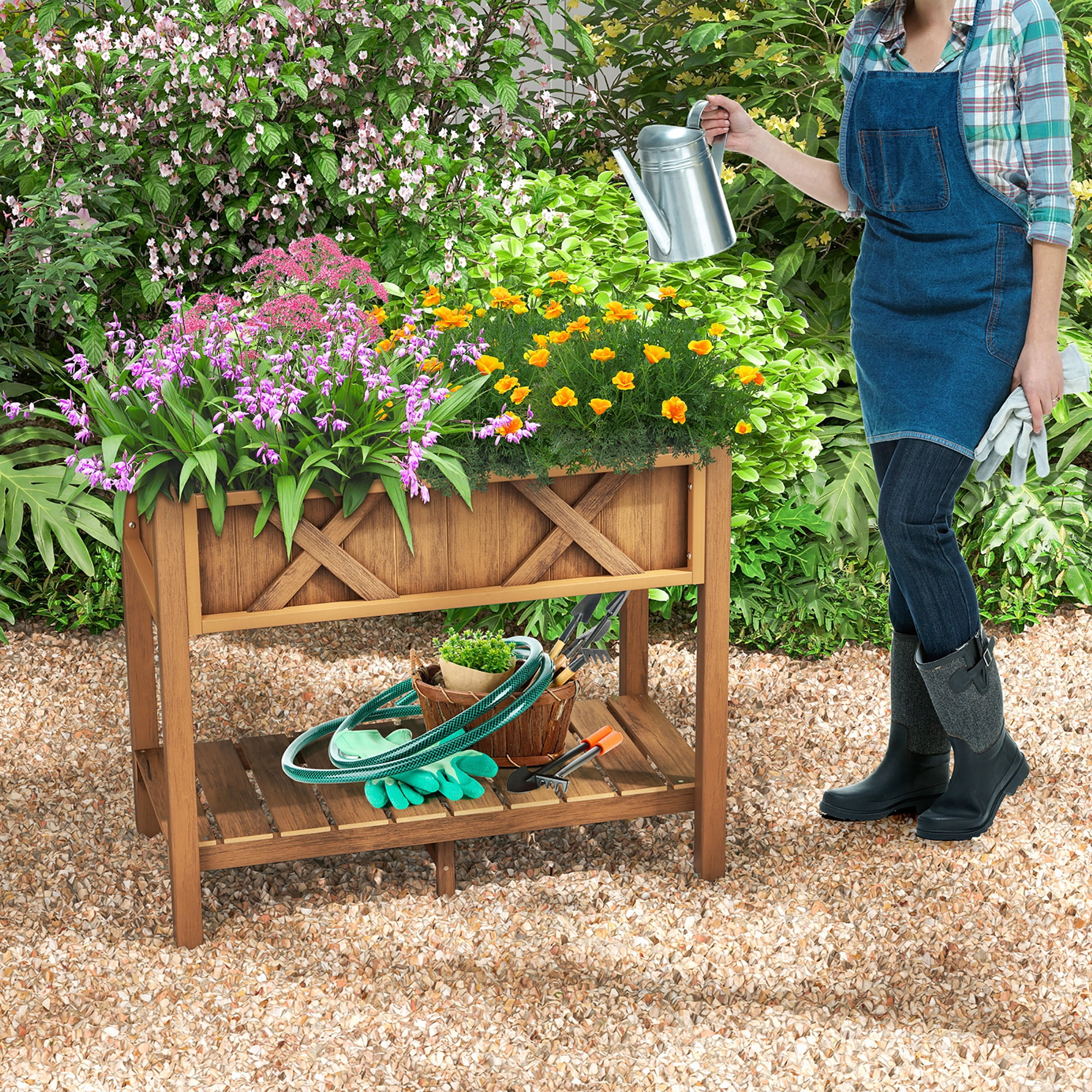 Gymax HIPS Raised Garden Bed Poly Wood Elevated Planter Box w/ Legs & Storage Shelf Coffee