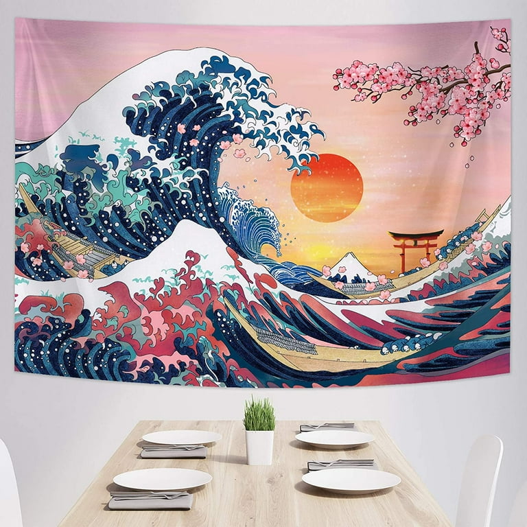 Tapestry Japanese Ocean Wave Wall Decorations Cherry Blossom Tree Backdrop Sunset Tapestry Wall Hanging Kanagawa Tapestry for Japanese Party Home Decorations 59 X 78.7 Inch Walmart