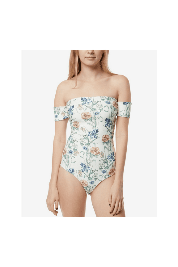 $79 O'Neill Juniors' Juliette Off-The-Shoulder Lace-Up One-Piece Swimsuit,Size M