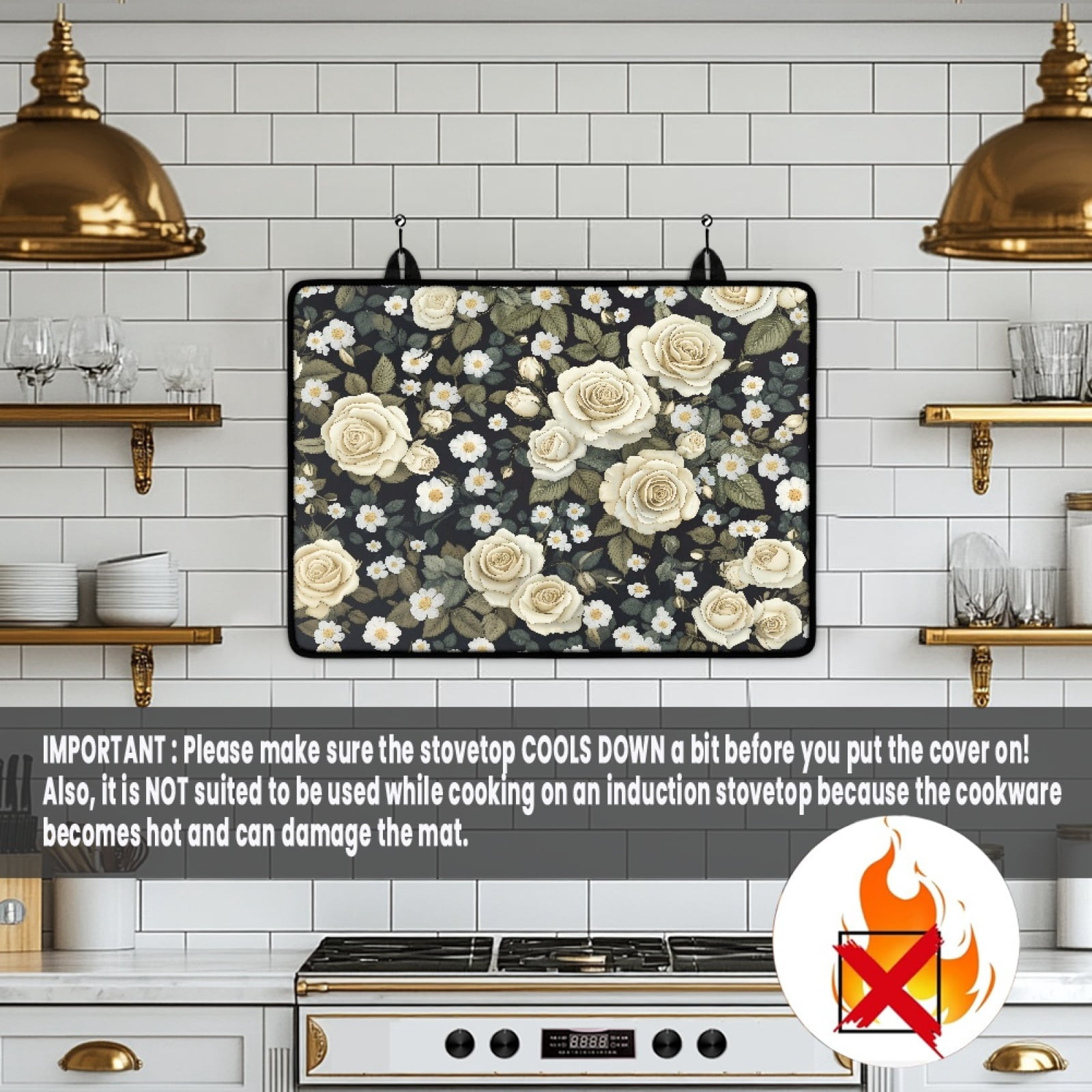 Renewold Stove Cover for Electric Glass Top Stove, Induction Electric Stove Top Protector Oil-proof Heat Resistant Washer Dryer Top Cover, 29'' x 21'', Elegant Rose Leaf