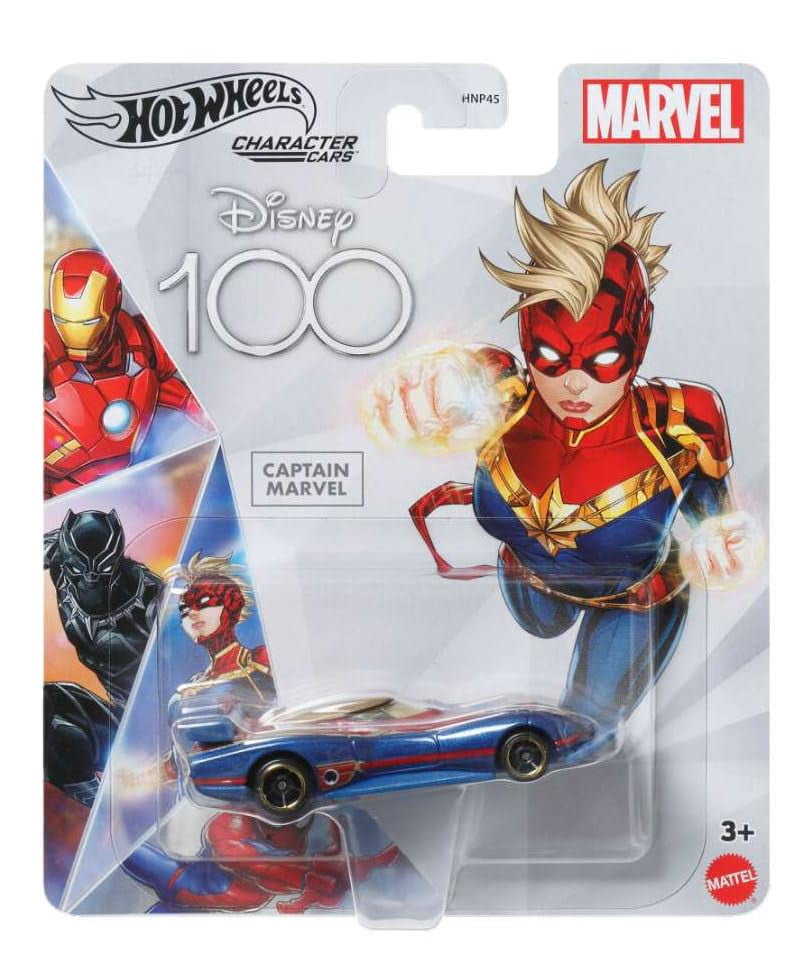 Hot Wheels Disney 100 Marvel Character Cars, Captain America and Captain Marvel, 2-Pack Collectible Die-Cast Vehicles