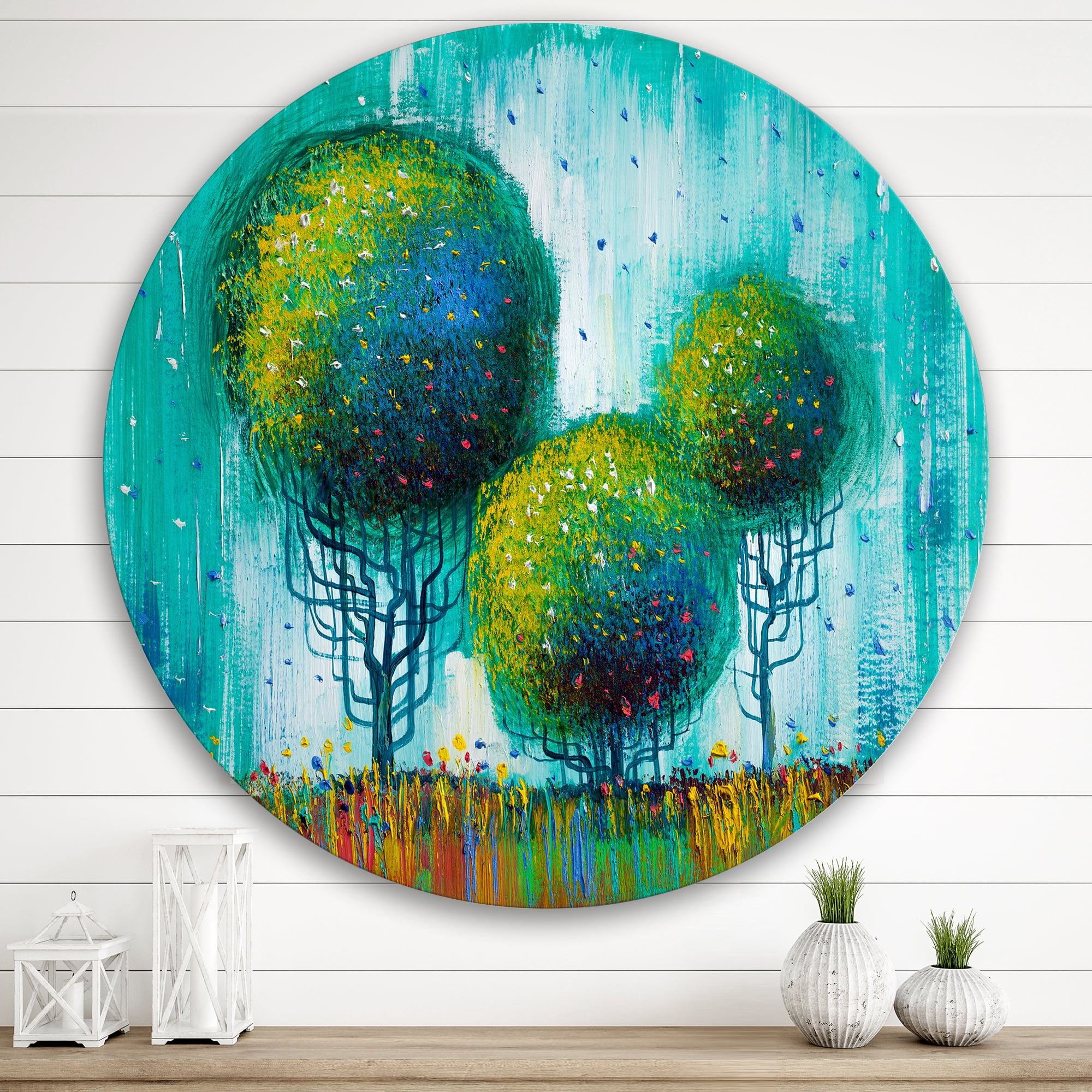 Designart 'Colourful Landscape Trees Impressionist II' Modern Circle Metal Wall Art 29x29 - Disc of 29
