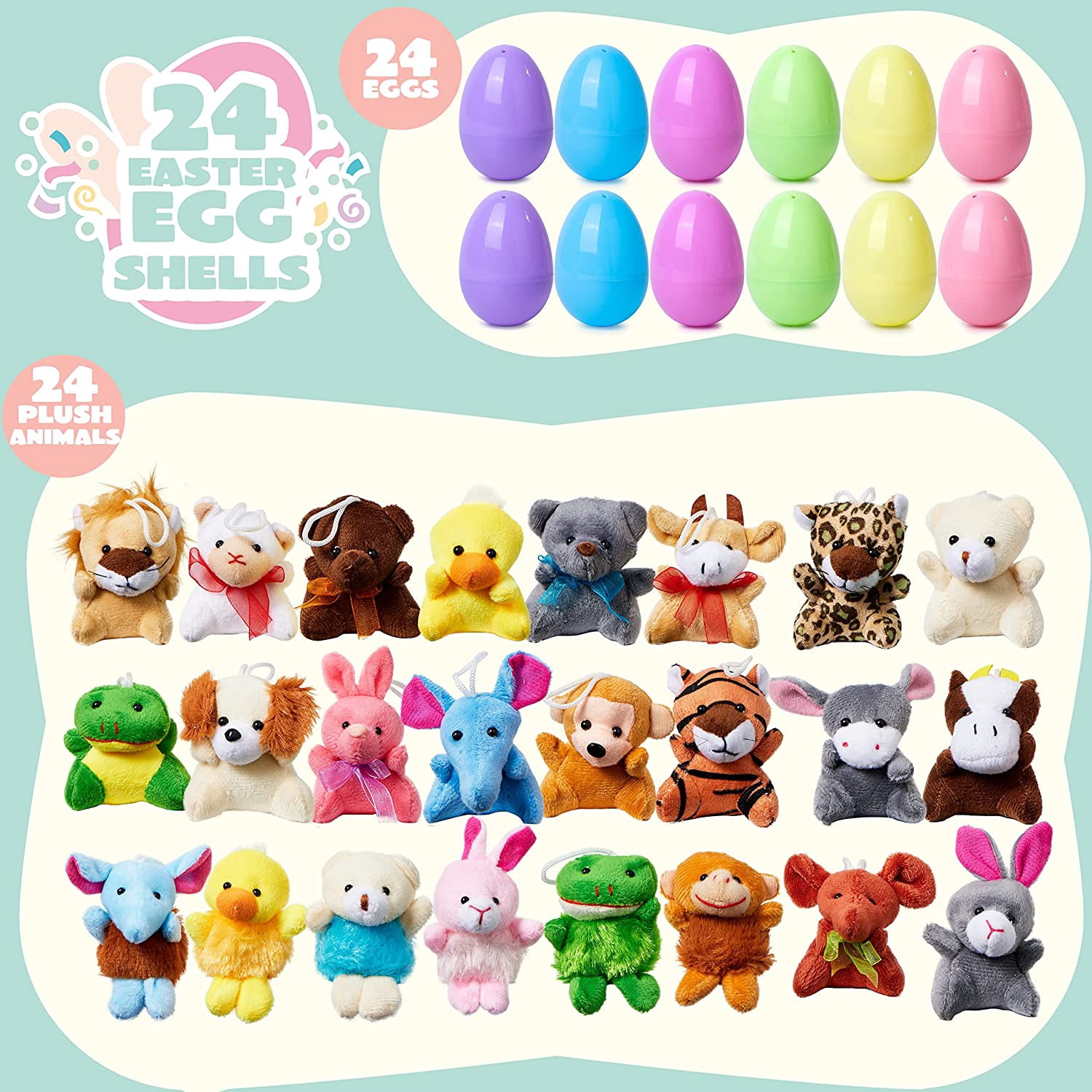 24 Pack Prefilled Easter Eggs of Mini Stuffed Animal Plush Toys Baster Stuffer Filler for Kids Easter Egg Hunt Game, Classroom Prize Supplies