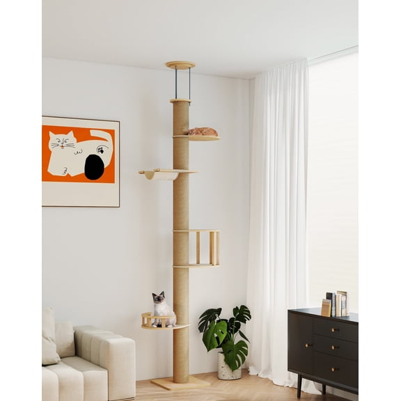 COZIWOW Floor-to-Ceiling Cat Tree, adjustable (89-112 inches), sturdy 5-tier tower for large cats. Features 4.33" scratching posts, hammock, platforms. Saves space, enriches indoor play.