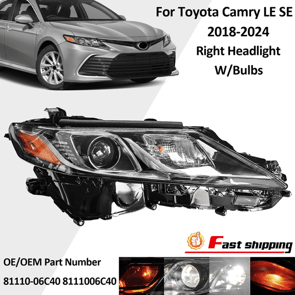 Headlight Right For Toyota Camry LE SE 2018 2019-2024 Passenger Side Headlamp