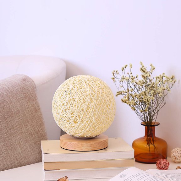 KTCINA LED Table Lamp Wood Table Ball Light with USB Charged Rattan Ball Lamp Modern Bedside Night Lamp for Bedroom Living Room Home Decoration (White/Beige)
