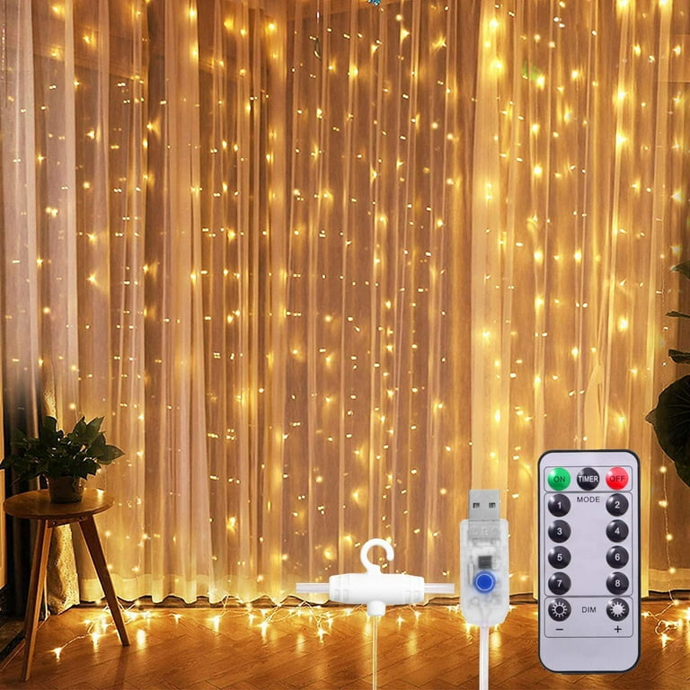 Window Curtain String Light, 300 Waterproof LED Twinkle Lights, 8 Modes  Fairy Lights USB Remote Control Lights for Christmas Bedroom Party Wedding