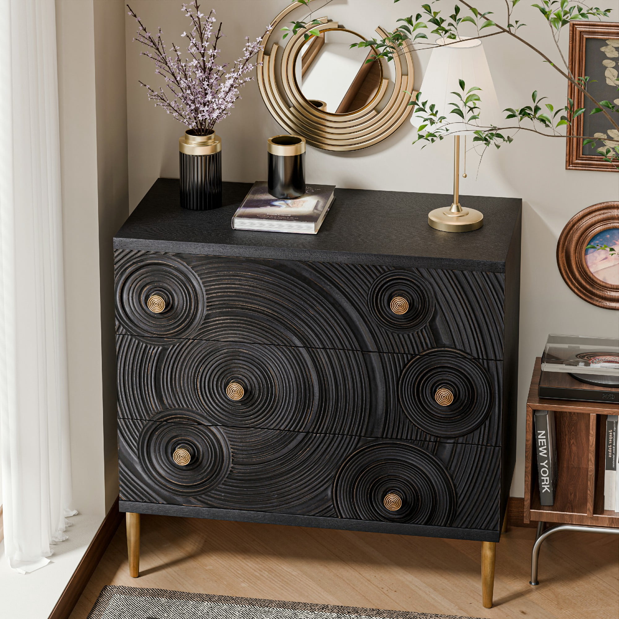 COZAYH Embossed 3 Drawer Farmhouse Dresser with Ring Motif, Distressed Boho Nightstand for Bedroom, Entryway, French Country, Black & Gold