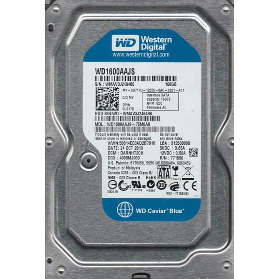 WD1600AAJS-75M0A0, DCM DARNHT2CH, Western Digital 160GB SATA 3.5 Hard Drive