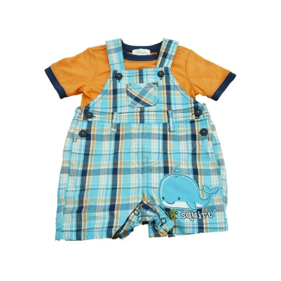 First Moments Infant Boys Blue Plaid Whale Overall Shorts & Orange Creeper 3m