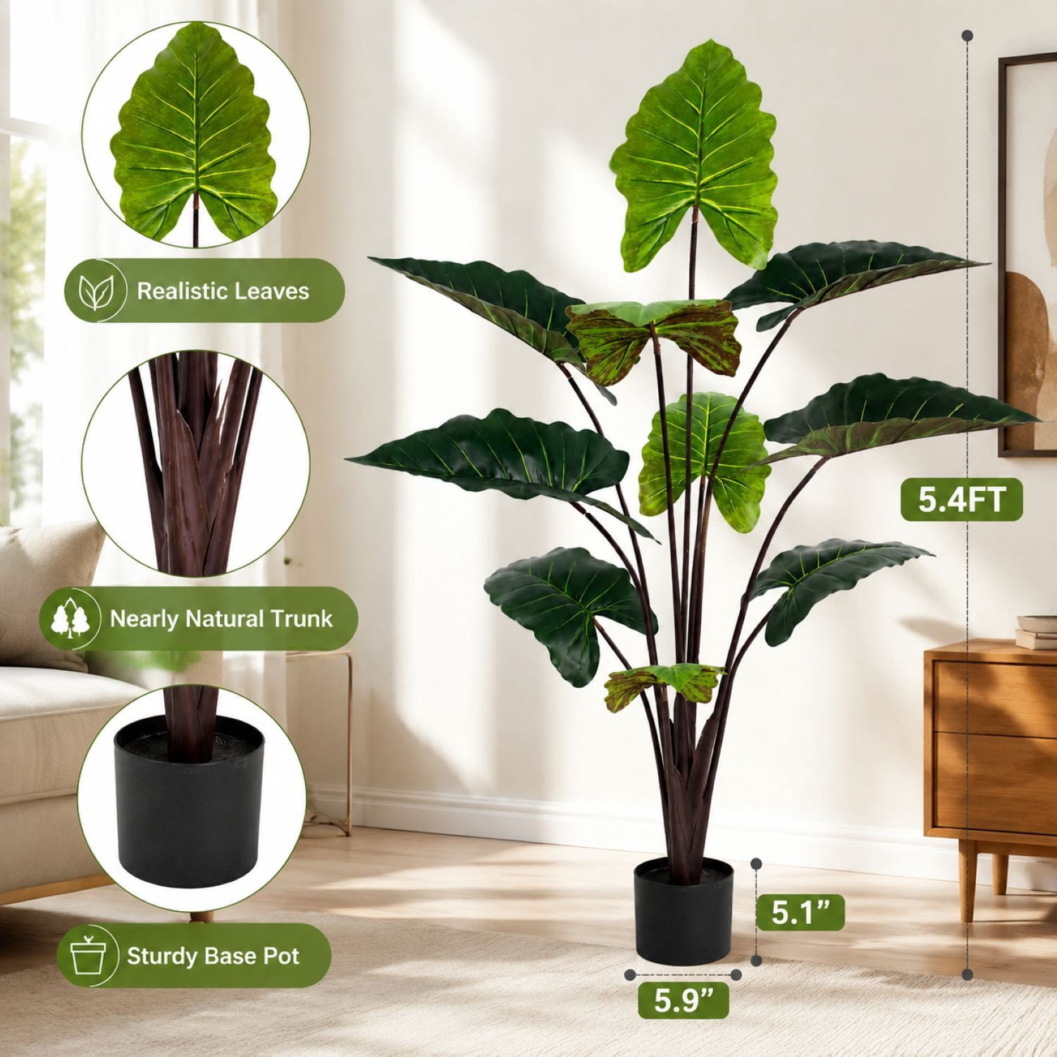 Easy4Home 5.4FT Artificial Plant Fake Caladium Plant Potted Indoor Faux Floor Plant for Home Office Decor, Green