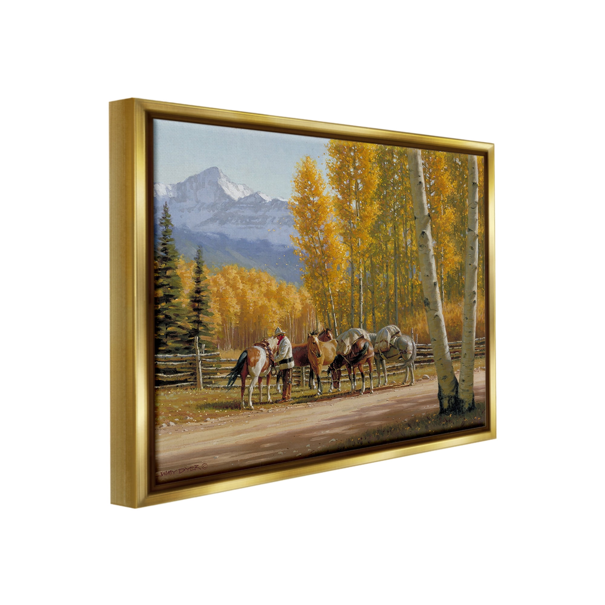Stupell Industries Horses with Fall Foliage Landscape Painting Gold Floater Framed Canvas Art Print Wall Art, 31 x 25