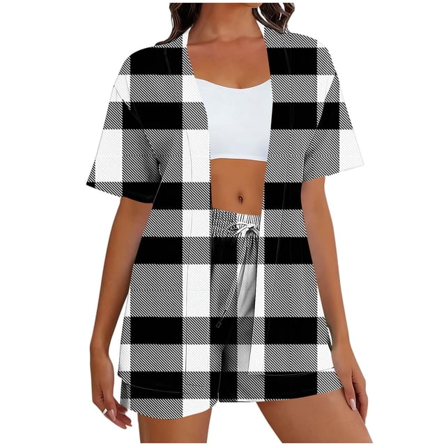RXMEKW Ensemble Décontracté pour Femmes, Haut à Manches Courtes Imprimé et Shorts, Ensemble de Pyjama 2 Pcs avec Poches, Polyester Doux pour Dormir et la Maison