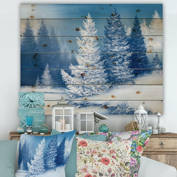 Designart 'Snow Covered Trees With Dreamlike Spruce Forest' Lake House Print on Natural Pine Wood