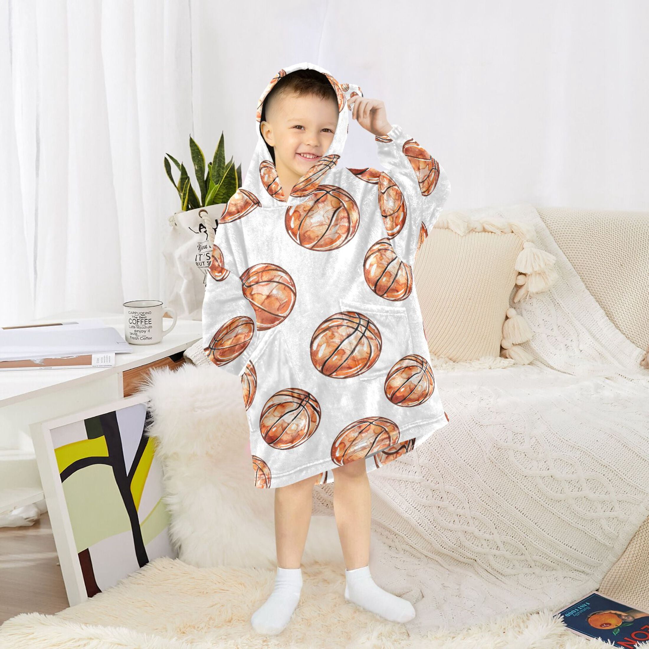 joogoo Wearable Blanket Hoodie for Watercolor Basketballs Oversized Sherpa Hooded 3-14 YR M