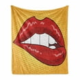 thumbnail image 1 of Abstract Art Soft Flannel Fleece Blanket, Retro Pop Art Style Inspired Woman Lips Comic Strip Effects Kissing, Cozy Plush for Indoor and Outdoor Use, 50" x 70", Orange and Vermilion, by Ambesonne, 1 of 5