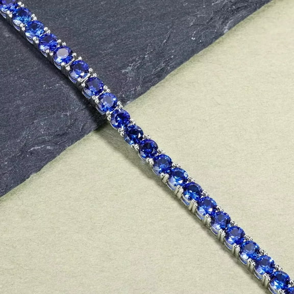 4MM 11CT Round Lab Created Blue Sapphire Womens Tennis Bracelet For Valentine 14K White Gold Plated 7"