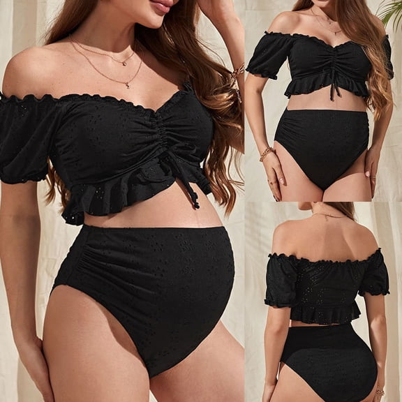 Gyujnb Off Shoulder Ruffle Maternity Two Piece Swimsuit Front Tie High Waist Shirred Elastic Support Beach Swimwear,M