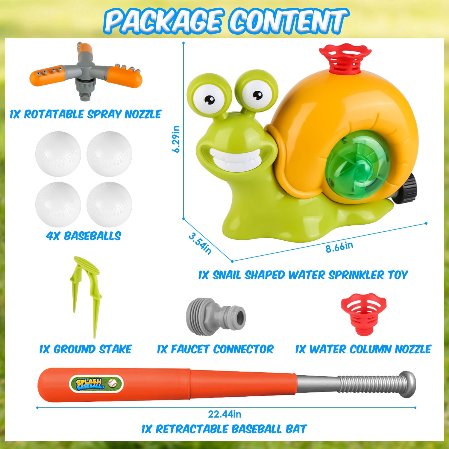 TeqHome 2 Pack Outdoor Toy Water Sprinkler Baseball Toy for Kids with 2 Sprinkler Nozzles 360° Rotating Spray Summer Outdoor Water Spray Snail Toys for Kids 4-8 Years Backyard Lawn