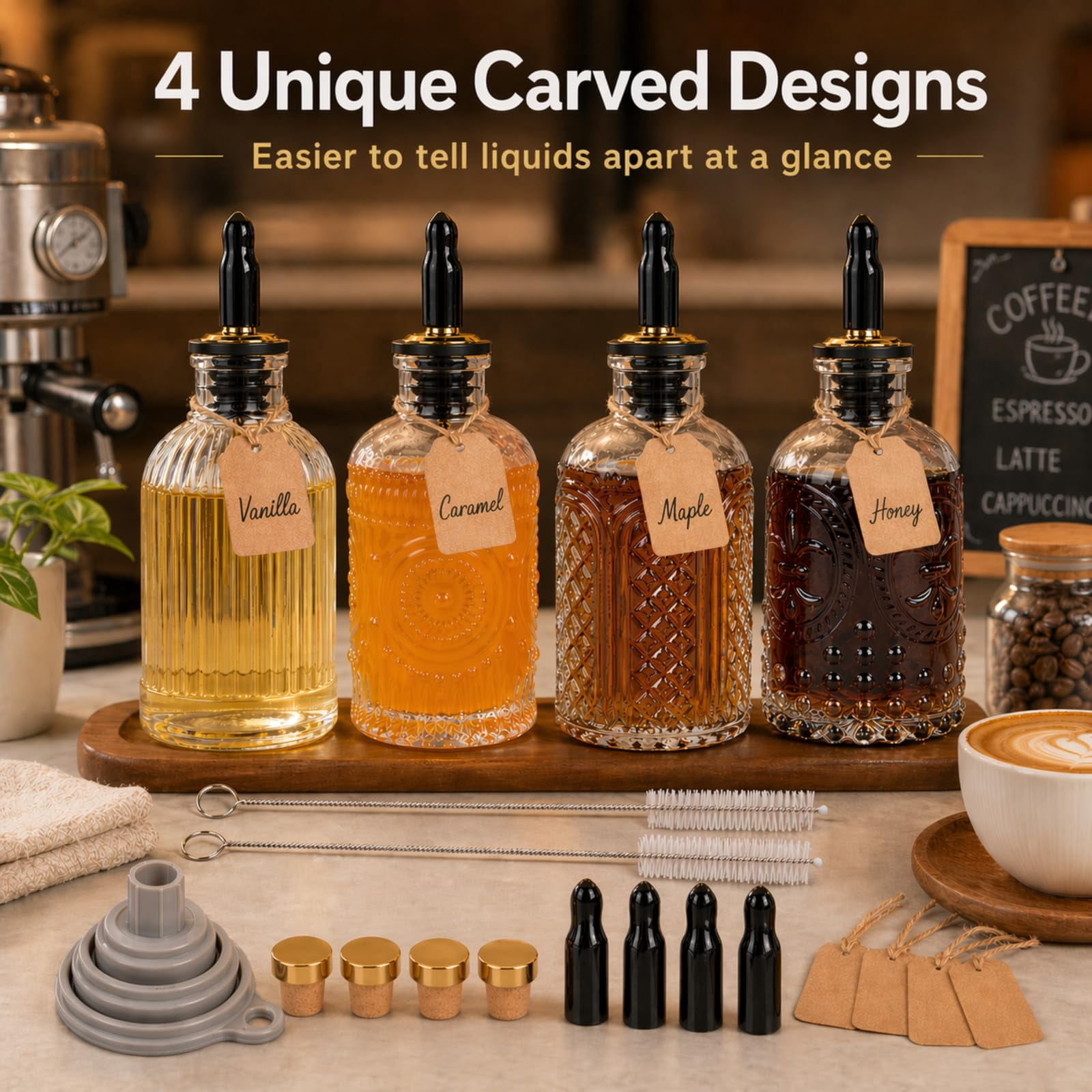 Syrup Dispenser Bottles Set Of 4  Simple Bottle For Coffee Bar Accessories 7 Oz Glass Containers Maple Honey Oil With Metal Pour Spouts & Labels