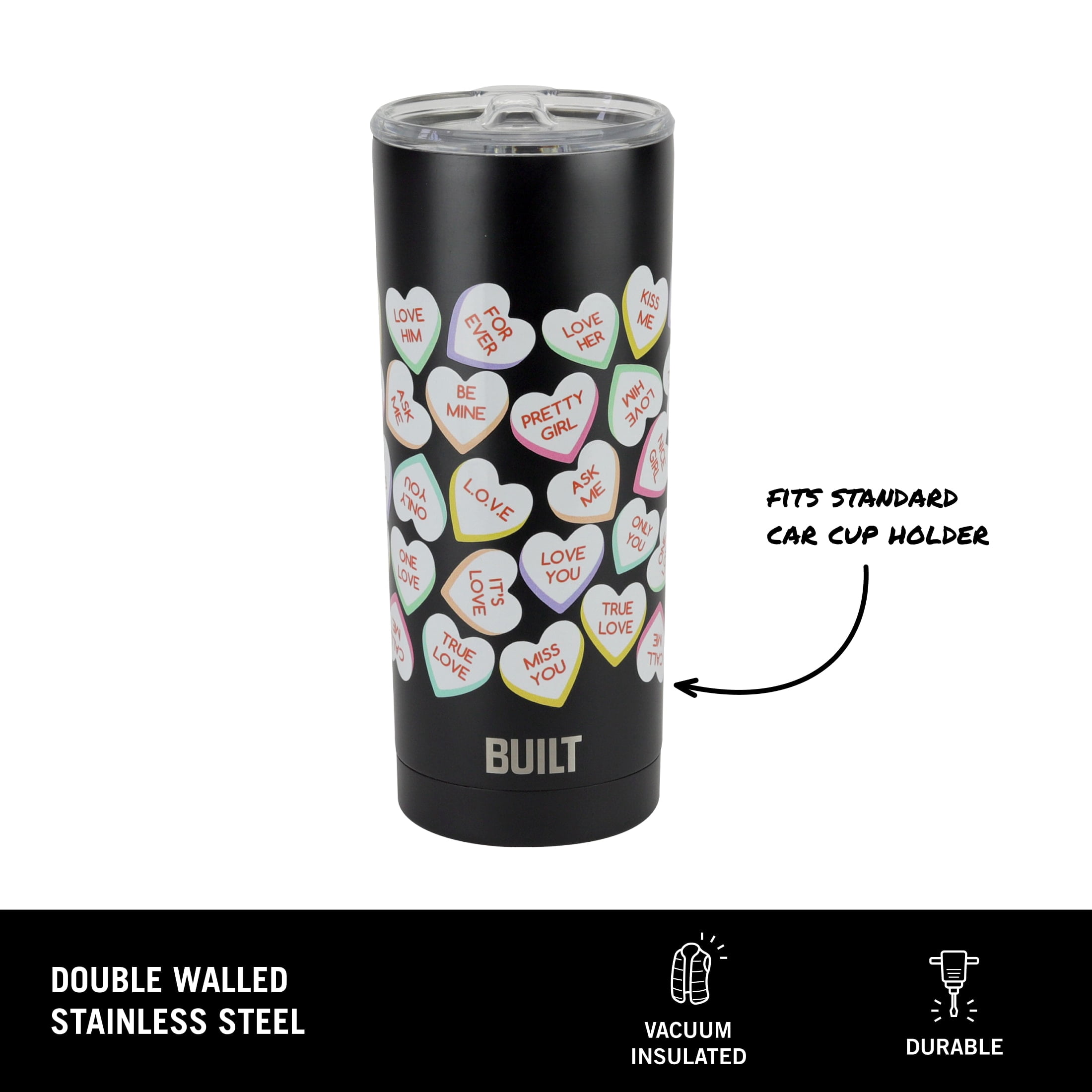 BUILT Valentine's Day Insulated Stainless Steel 20 oz Tumbler Black Conversation Hearts