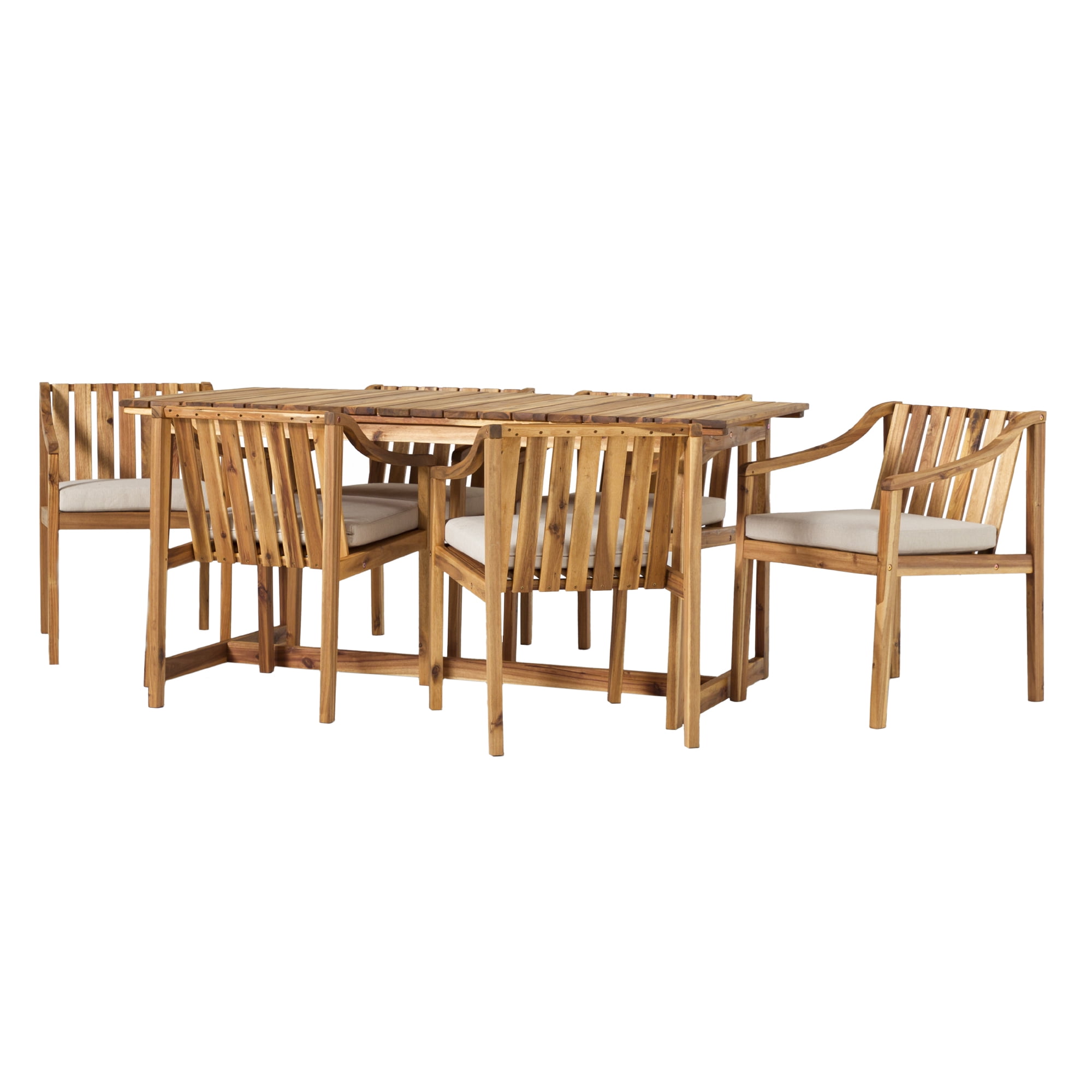 Walker Edison Modern 7-Piece Slatted Outdoor Dining Set, Natural