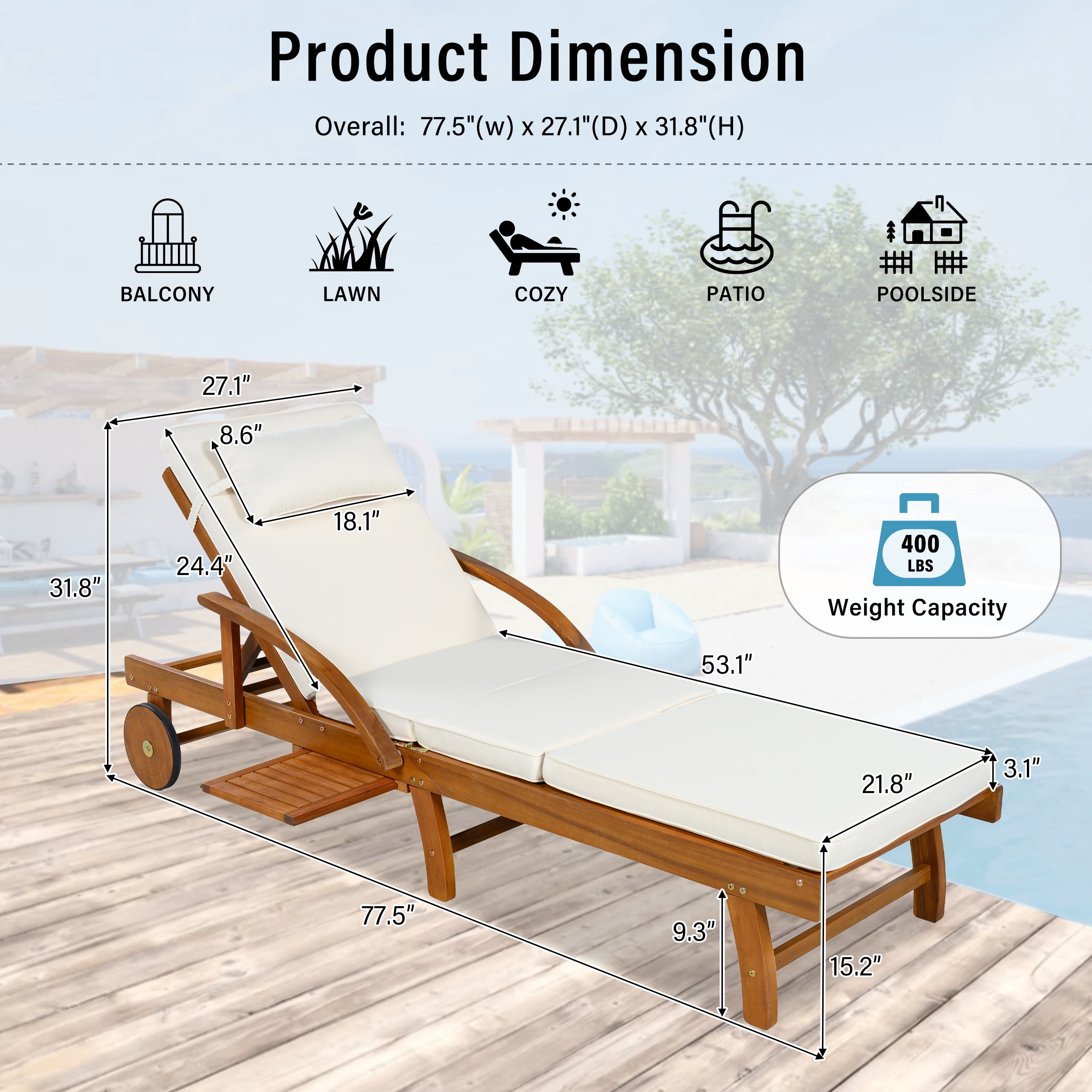 Mintazer 77.5" Adjustable Outdoor Chaise Lounge with Cushion & Headrest, Wheeled Pool Lounge Chair with Retractable Side Tray, Natural & Beige