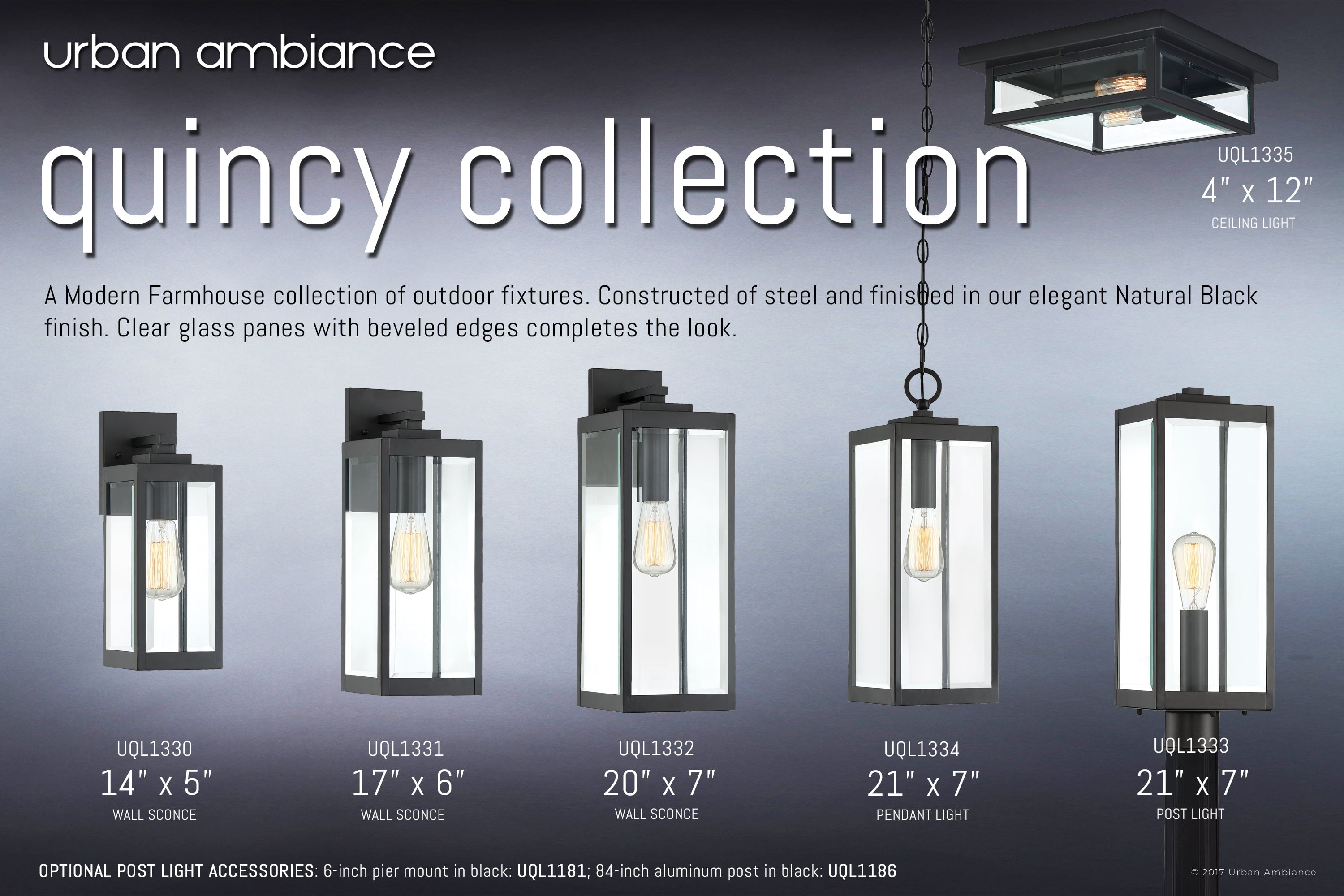 Luxury Modern Farmhouse Outdoor Post Light, 20.50''H x 7.00''W, with Industrial Style Elements, Minimalist Design, Natural Black Finish and Clear Glass Panel With Beveled Edge, UQL1333