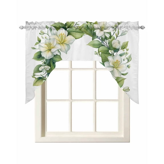 Green Floral Wreath Kitchen Swag Valances for Windows, Spring Farmhouse Blooms Swag Valances Curtains for Living Room, Rod Pocket Window Treatments for Bathroom, Bedroom, Cafe, 56"x36"