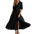 thumbnail image 1 of QIPOPIQ Robes d'Été pour Femmes Manches Courtes Col en V Bouton Cordon Robes Maxi Couleur Unie Boho Longues Robes Liquidation, 1 of 9