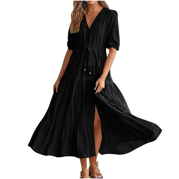 Yuyuzo Maxi Dress for Women Short Sleeve Long Dresses V Neck Elastic Waist Smocked A Line Long Beach Sundress