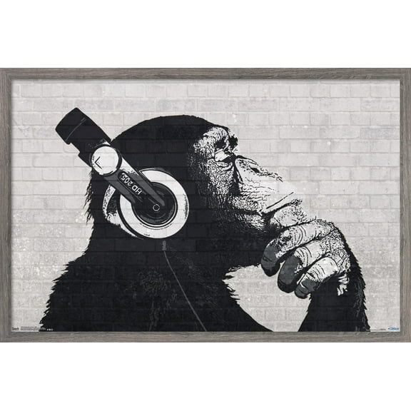 Chimp with Headphones on Wall Wall Poster, 14.725" x 22.375", Framed