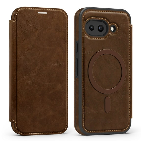 Designed for Google Pixel 9A Magnetic Flip Phone Case,With RFID Blocking Card Slots,Compatible with Mag-Safe,PU Leather Shockproof Anti-fall Flip Folio Ultra Slim Wallet Phone Case,Coffee
