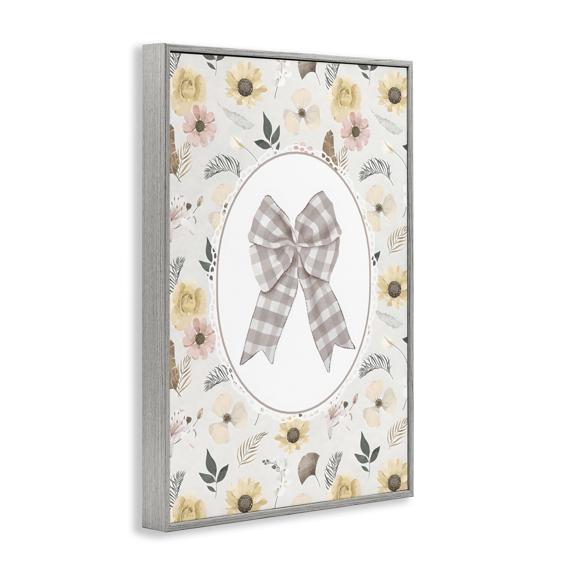 Stupell Industries Sunnyside Bow in Gingham Gray Framed Giclee Art, design by Ink Drop Loft