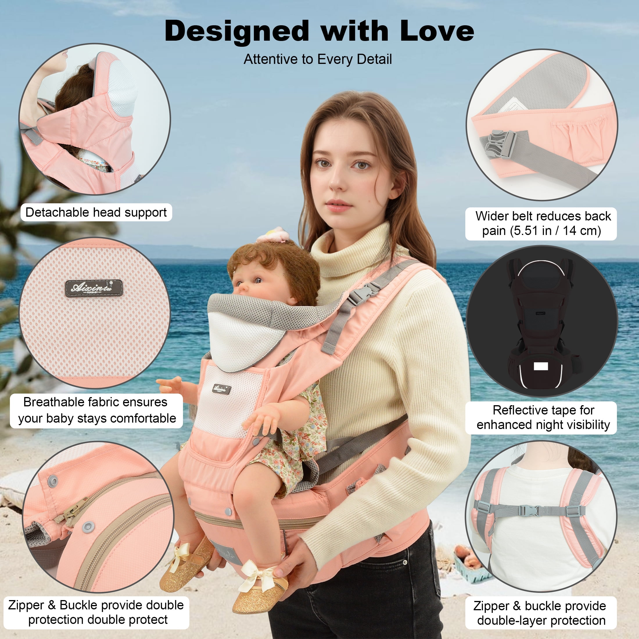 Baby Carrier, Derstuewe Baby Wrap Carrier for Infants with Hip Seat , Adjustable Baby Holder for Dad &Mom-Soft Pink
