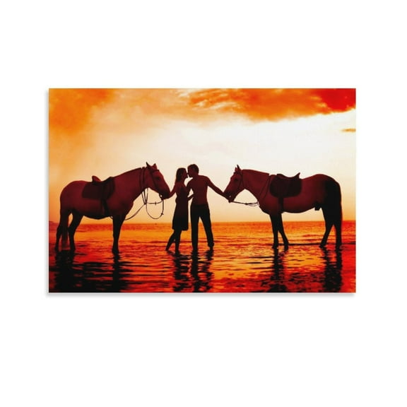 Romantic Couple Riding Horses on The Beach Poster Decorative Painting Canvas Wall Art Living Room Posters Bedroom Painting,Unframe-style,12x18inch(30x45cm)