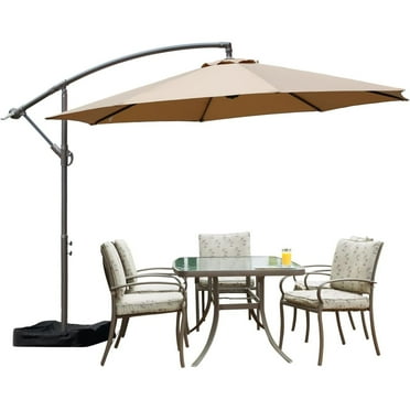 Aoodor Offset Patio Umbrella 10ft. Cantilever Hanging Market Umbrella with Base, Easy Tilt Adjustment and Polyester Shade for Lawn, Beach,Yard and Poolside - Brown