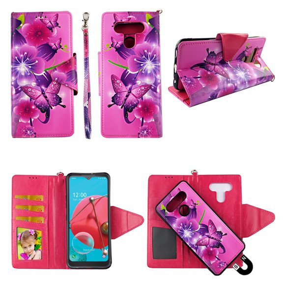 Pk Butterfly Flower Case for LG Stylo 6 2020 Magnetic Detachable Pu Leather Wallet Cover Flap Closure Snap-on Book Style Cases Card Holders Wrist Strap 2 in 1 Folio