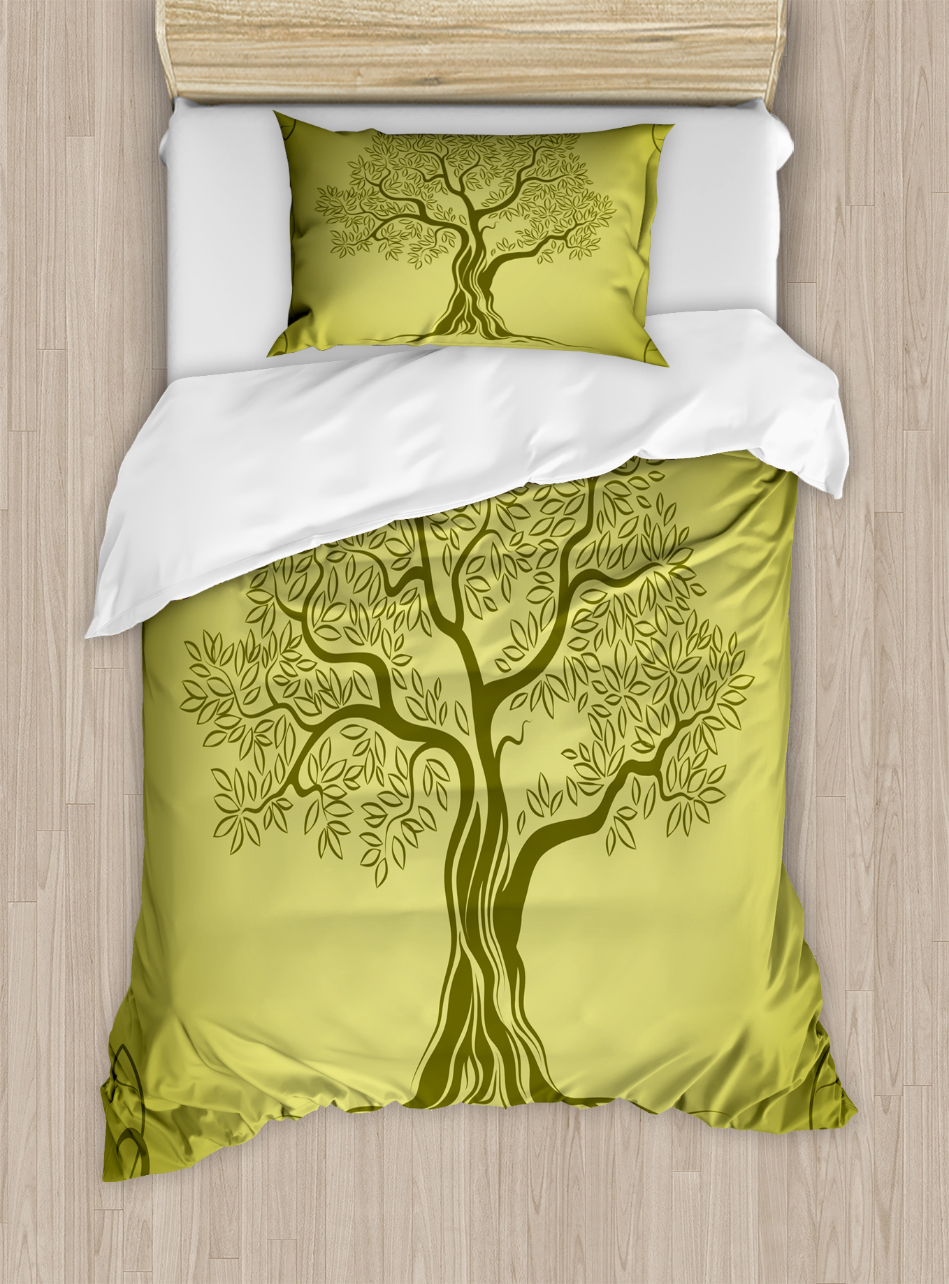 Olive Green Duvet Cover Set, Mediterranean Olive Tree Silhouette with