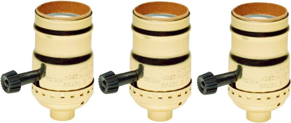 Creative Hobbies 7070 Two Circuit Turn Knob Lampholder Sockets For Controling Two Lamp Sockets, Standard Base, Gold Metal Shell Incandescent Replacement Lampholders, Pack of 3 Sockets