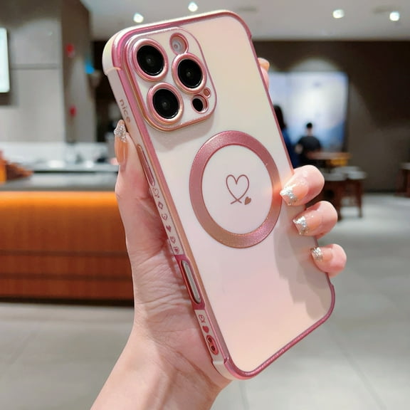 Compatible with iPhone 16 Magnetic Glitter Case, Luxury Love Heart Pattern Plating Case, Compatible with MagSafe for Women Girls Shockproof Protective Ultra Slim TPU Cover - Pink