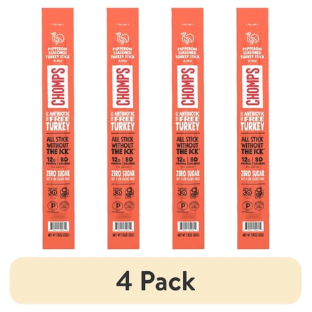 (4 pack) Chomps Antibiotic Free Pepperoni Turkey Stick 1.15oz, Certified Gluten Free and Free From Top 9 Allergens