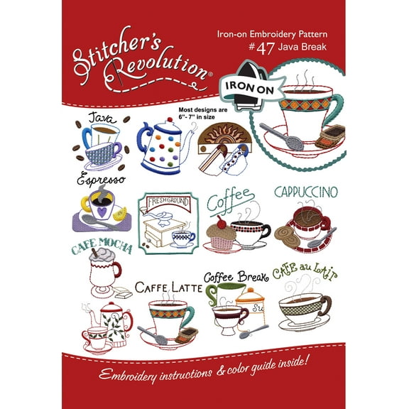 Stitcher's Revolution Brand Java Break Iron-on Transfer Pattern for Embroidery Coffee Themes