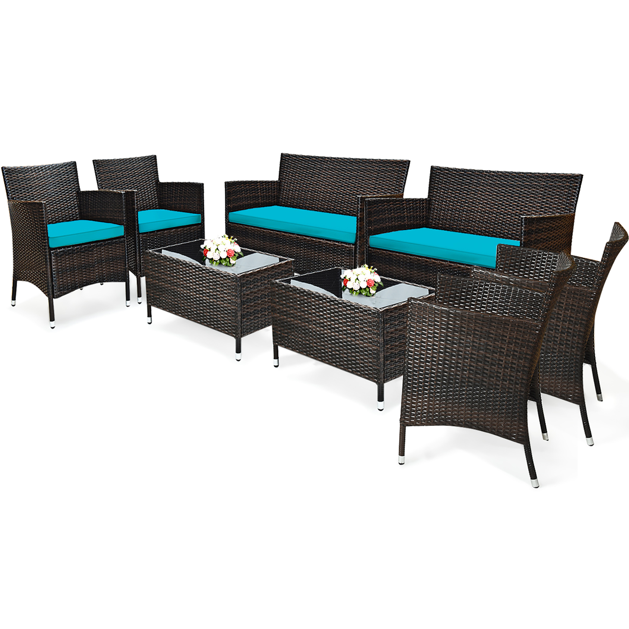 Costway 8PCS Rattan Patio Cushioned Sofa Chair Coffee Table Turquoise - image 2 of 9