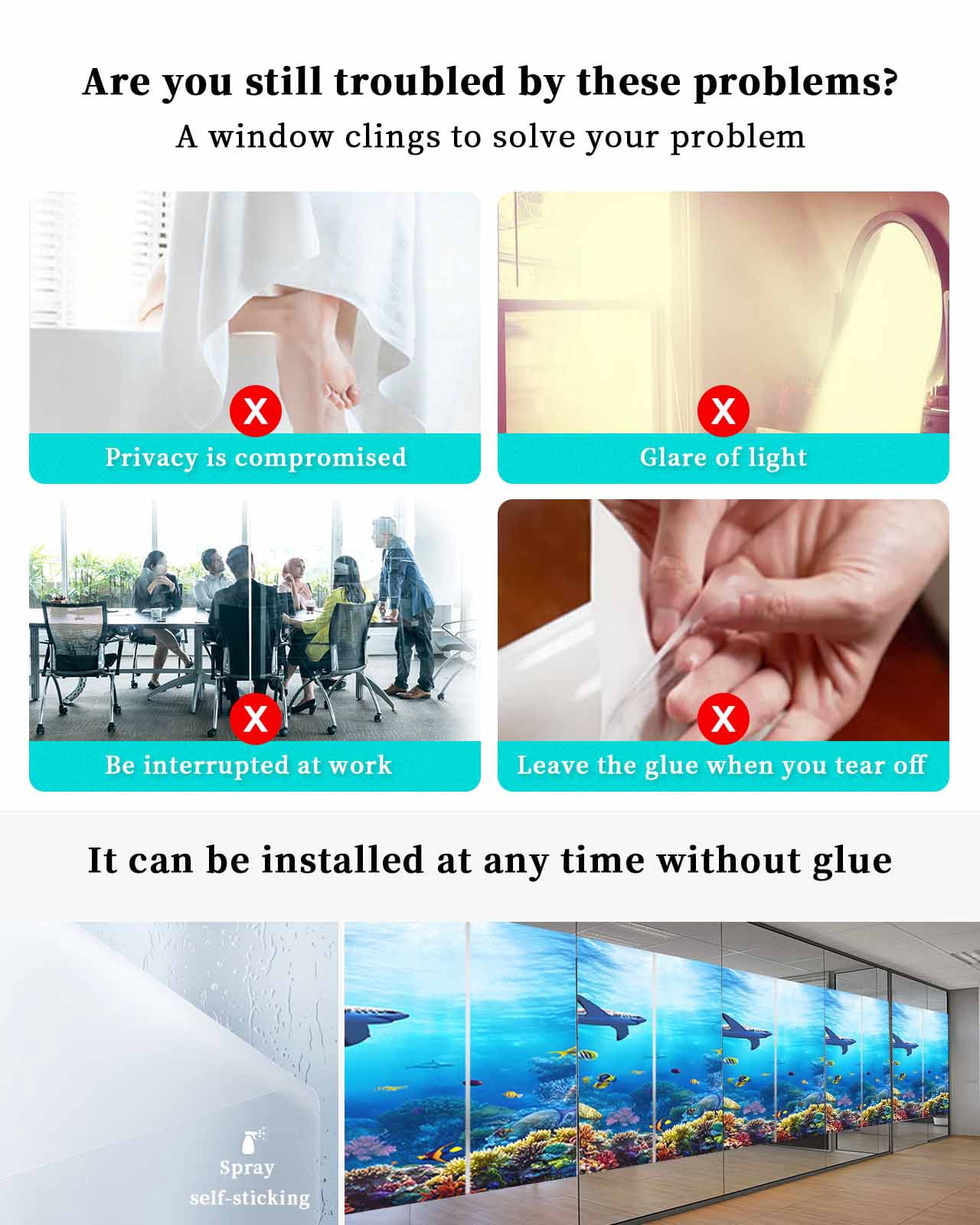 Window Privacy Film Shark Stained Glass Window Film Decorative Sun Block Window Cover Blue Ocean Underwater Animal Coral Tropical Fish Window Clings Static Adhesive Sticker for Bathroom 23.6"x59"