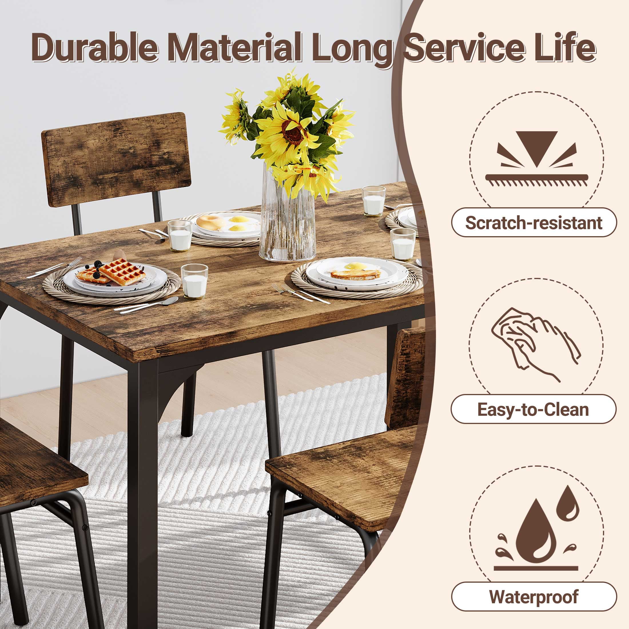 PAPROOS Dining Table Set for 4, Farmhouse Rectangle Wood Kitchen Table with 4 Wood Chairs, Dining Room Set for Breakfast Nook, Small Places, Restaurant, Brown