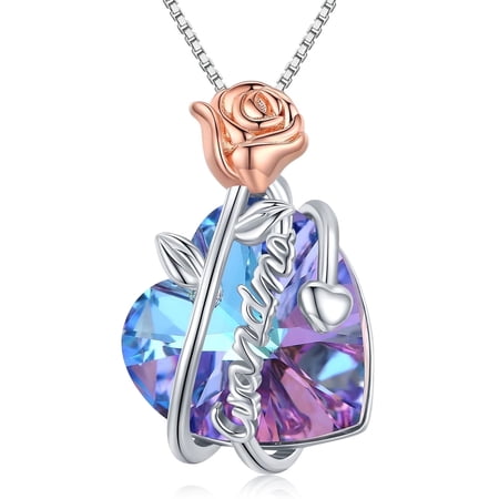 Coachuhhar Grandma Gifts 925 Sterling Silver Rose Flower Love Heart Crystal Pendant Necklace Grandma Jewelry Birthday Graduation Gifts for Women Grandma Nana