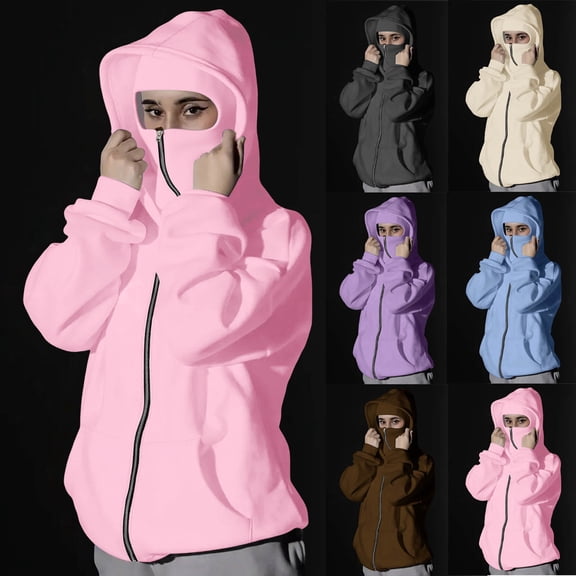 Meichang Women's Zip Up Hoodie with Face Mask Built in Balaclava Winter Outdoor Sport Ski Mask Balaclava Hoodies for Women Pink XL